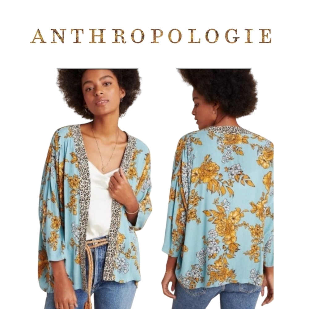 NWT Anthropologie Andersen & Lauth Blue Floral Kimono with Leopard Trim Size:OS